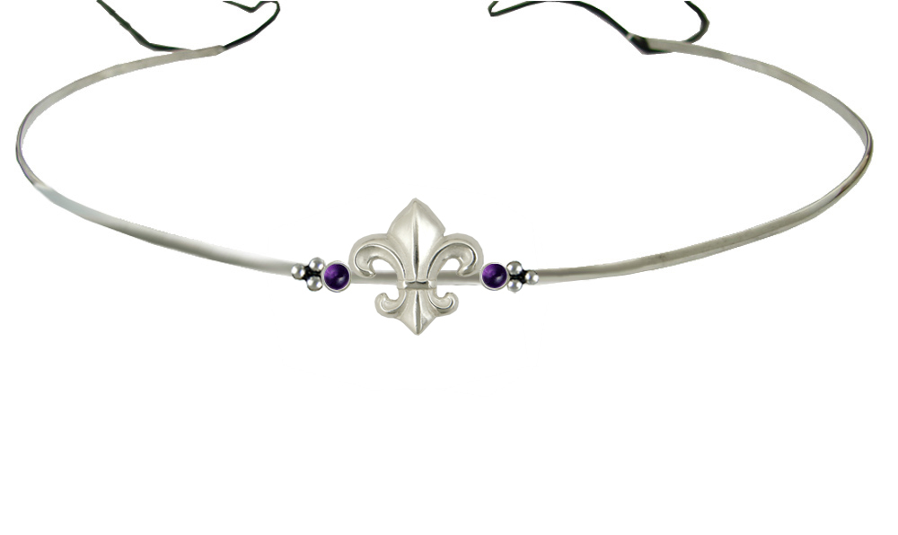 Sterling Silver Renaissance Style Fleur de Lis Headpiece Circlet Tiara With Amethyst